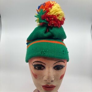 Vintage Smiley wool knit Pom Pom vintage beanie toboggan hat green as is